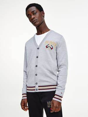 Grey Tommy Hilfiger Exclusive Flag Logo Merino Wool Cardigan Men's Sweaters | TH401IZW