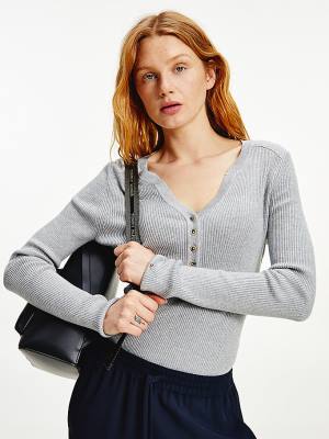 Grey Tommy Hilfiger Henley Ribbed Wool Blend Jumper Women's Sweaters | TH058LUG