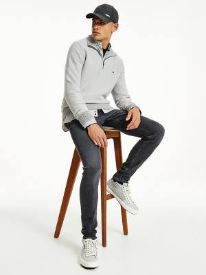 Grey Tommy Hilfiger Herringbone Knit Half-Zip Jumper Men's Sweaters | TH908ORM