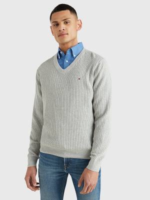 Grey Tommy Hilfiger Knitted Grid Check V-Neck Jumper Men's Sweaters | TH791GRW