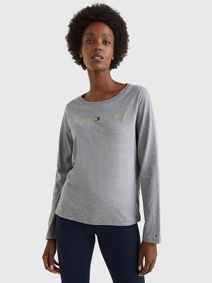 Grey Tommy Hilfiger Long Sleeve Gold Logo Women's T Shirts | TH025QJR