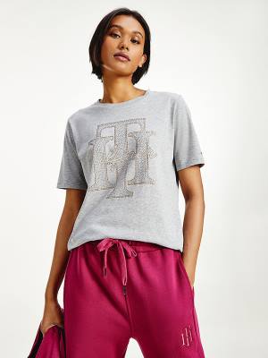 Grey Tommy Hilfiger Organic Cotton Crystal Monogram Women's T Shirts | TH380LDW