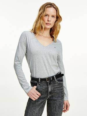 Grey Tommy Hilfiger Organic Cotton Long Sleeve V-Neck Women's T Shirts | TH350MLX