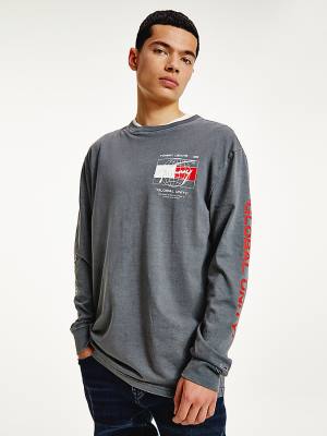 Grey Tommy Hilfiger Organic Cotton Long Sleeve Men's T Shirts | TH578KUA