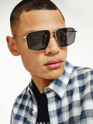 Grey Tommy Hilfiger Rectangular Double Bridge Men's Sunglasses | TH675IFH