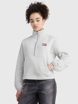 Grey Tommy Hilfiger Relaxed Timeless Tommy Logo Half-Zip Sweatshirt Women's Hoodie | TH270FIB