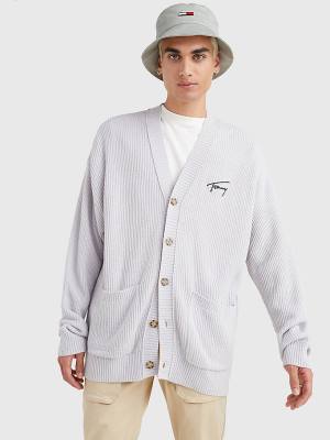 Grey Tommy Hilfiger Signature Embroidery V-Neck Knitted Cardigan Men's Sweaters | TH218MVG