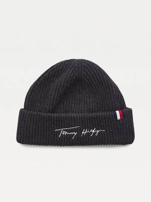 Grey Tommy Hilfiger Signature Embroidery Rib-Knit Beanie Men's Hats | TH849NZQ