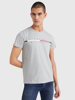 Grey Tommy Hilfiger Signature Split Logo Men's T Shirts | TH920AEN