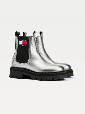 Grey Tommy Hilfiger Tommy Badge Metallic Leather Cleat Women's Boots | TH142SCK