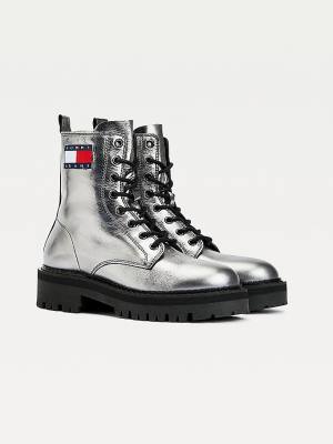 Grey Tommy Hilfiger Tommy Badge Metallic Leather Cleat Women's Boots | TH605LJE