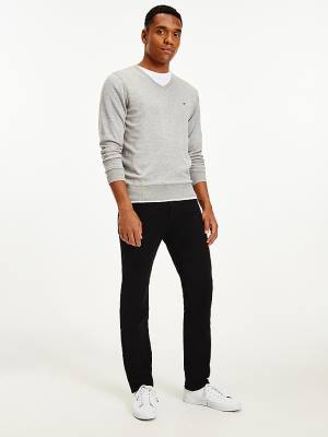 Grey Tommy Hilfiger V-Neck Cotton Blend Sweatshirt Men's Sweaters | TH095DIY