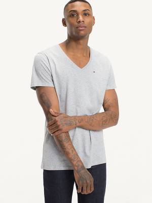 Grey Tommy Hilfiger V-Neck Men's T Shirts | TH524PHS