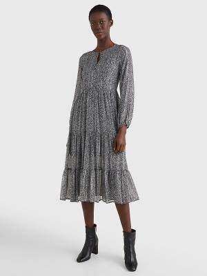 Grey Tommy Hilfiger Viscose Chiffon All-Over Print Midi Women's Dress | TH095GIW