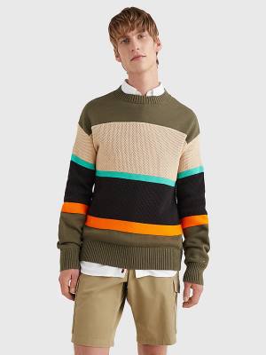 Khaki Tommy Hilfiger Colour-Blocked Mixed Knit Jumper Men's Sweaters | TH781PEX