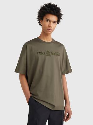 Khaki Tommy Hilfiger Crest Embroidery Organic Cotton Men's T Shirts | TH128ISG