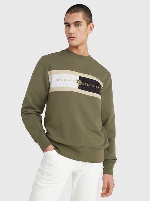 Khaki Tommy Hilfiger Icons Logo Crew Neck Men's Sweatshirts | TH092BSW