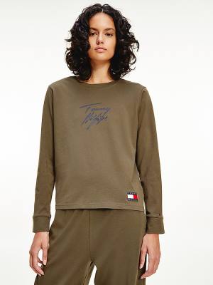 Khaki Tommy Hilfiger Long Sleeve Lounge Signature Logo Women's T Shirts | TH381VCS