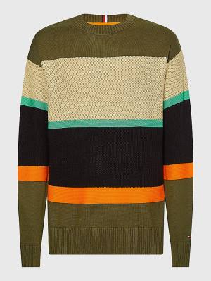 Khaki Tommy Hilfiger Plus Colour-Blocked Mixed Knit Jumper Men's Sweaters | TH896JER