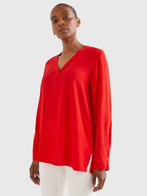 Orange Tommy Hilfiger Relaxed Fit V-Neck Women's Blouse | TH413LCW