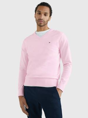 Pink Tommy Hilfiger 1985 Essential TH Flex V-Neck Jumper Men's Sweaters | TH752PEU