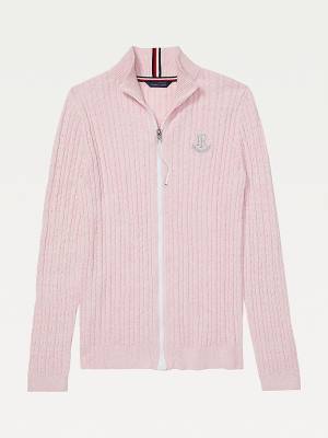 Pink Tommy Hilfiger Adaptive Cable Knit Zip Jumper Women's Sweaters | TH794FGY