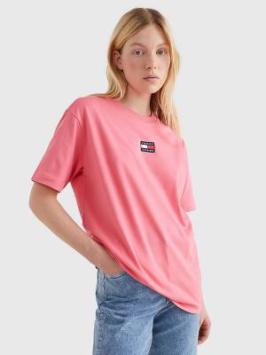 Pink Tommy Hilfiger Badge Oversized Fit Women's T Shirts | TH635KQP