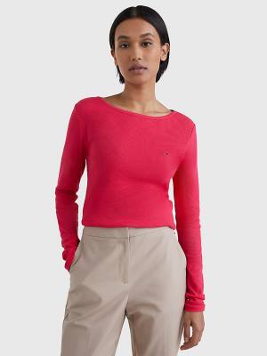 Pink Tommy Hilfiger Boat Neck Long Sleeve Skinny Women's T Shirts | TH245RON