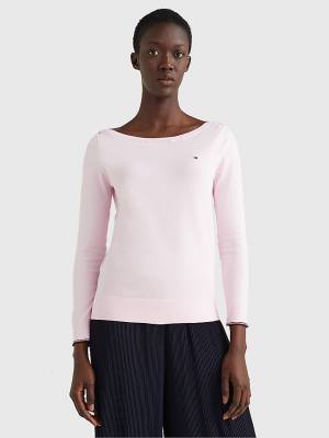 Pink Tommy Hilfiger Boat Neck Organic Cotton Jumper Women's Sweaters | TH063CUV