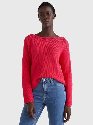 Pink Tommy Hilfiger Boat Neck Relaxed Fit Jumper Women's Sweaters | TH948KFH