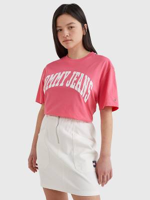 Pink Tommy Hilfiger College Boyfriend Fit Women's T Shirts | TH860KJT