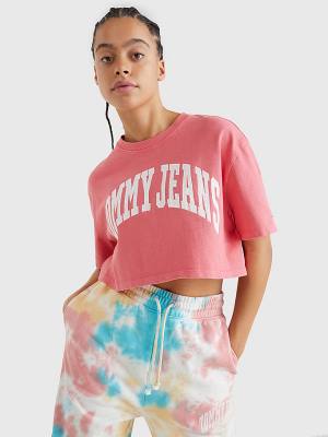 Pink Tommy Hilfiger College Oversized Cropped Women's T Shirts | TH356ZDC