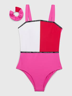 Pink Tommy Hilfiger Colour-Blocked One-Piecesuit Girls' Swimwear | TH561WUZ