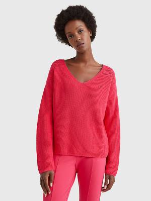 Pink Tommy Hilfiger Contrast Knit Relaxed Fit V-Neck Jumper Women's Sweaters | TH570PLW