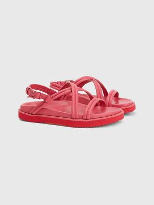 Pink Tommy Hilfiger Crest Buckle Leather Women's Sandals | TH972EMN