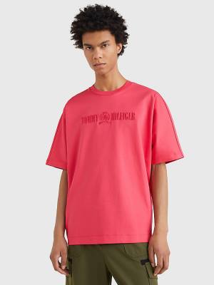 Pink Tommy Hilfiger Crest Embroidery Organic Cotton Men's T Shirts | TH149OYJ