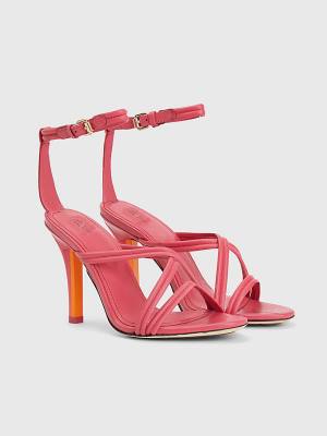 Pink Tommy Hilfiger Crest High Heel Strap Leather Women's Sandals | TH572VAD