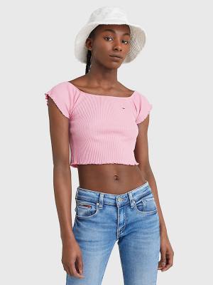 Pink Tommy Hilfiger Cropped Off-The-Shoulder Women's T Shirts | TH762GTY