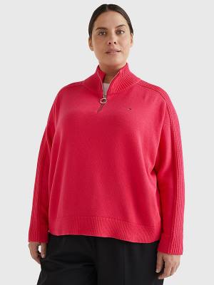 Pink Tommy Hilfiger Curve Oversized Half-Zip High Neck Jumper Women's Sweaters | TH972IJF