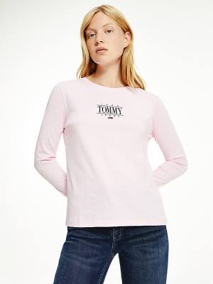 Pink Tommy Hilfiger Essential Long Sleeve Logo Women's T Shirts | TH184DNR