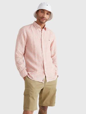 Pink Tommy Hilfiger Gingham Regular Fit Linen Men's Shirts | TH680KTZ