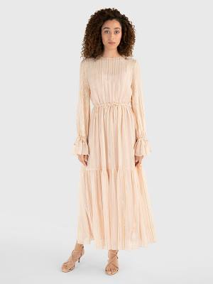 Pink Tommy Hilfiger Gold Stripe Silk Blend Maxi Women's Dress | TH073QWZ