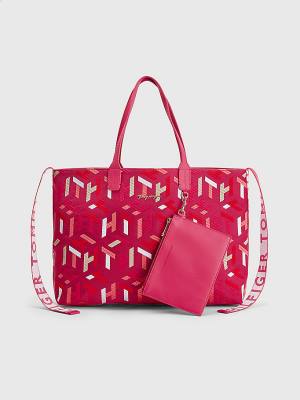 Pink Tommy Hilfiger Iconic Monogram Embroidery Cotton Tote Women's Bags | TH963HCQ