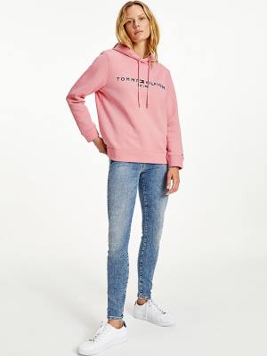 Pink Tommy Hilfiger Logo Drawstring Regular Fit Women's Hoodie | TH645HUC