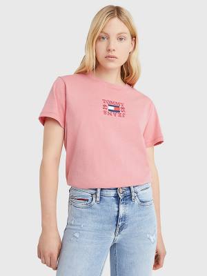 Pink Tommy Hilfiger Logo Relaxed Fit Women's T Shirts | TH749HCL