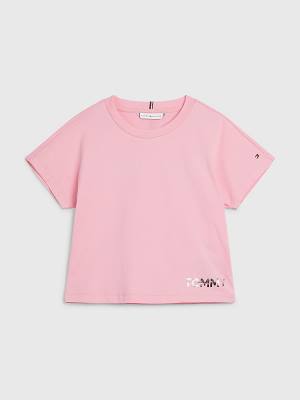 Pink Tommy Hilfiger Metallic Logo Organic Cotton Girls' T Shirts | TH209QEC