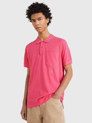 Pink Tommy Hilfiger Organic Cotton Crest Embroidery Men's Polo Shirts | TH761KUZ