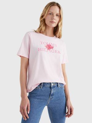 Pink Tommy Hilfiger Organic Cotton Floral Print Women's T Shirts | TH086MET