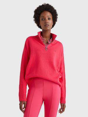 Pink Tommy Hilfiger Oversized Half-Zip High Neck Jumper Women's Sweaters | TH940SZL