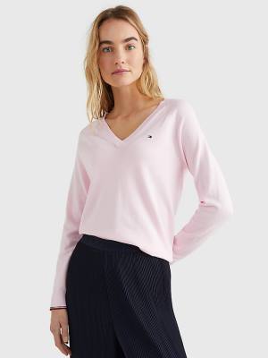 Pink Tommy Hilfiger Slim Fit V-Neck Jumper Women's Sweaters | TH320WGF